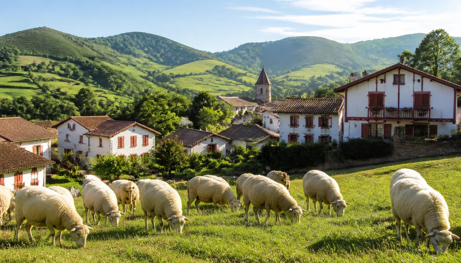 Village basque lumineux avec des brebis au pâturage